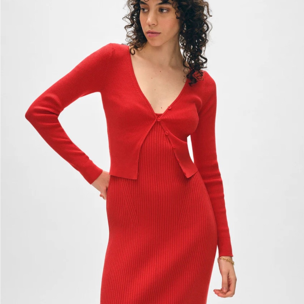 Red Button Front Slim Ribbed Cardigan Organic Cotton